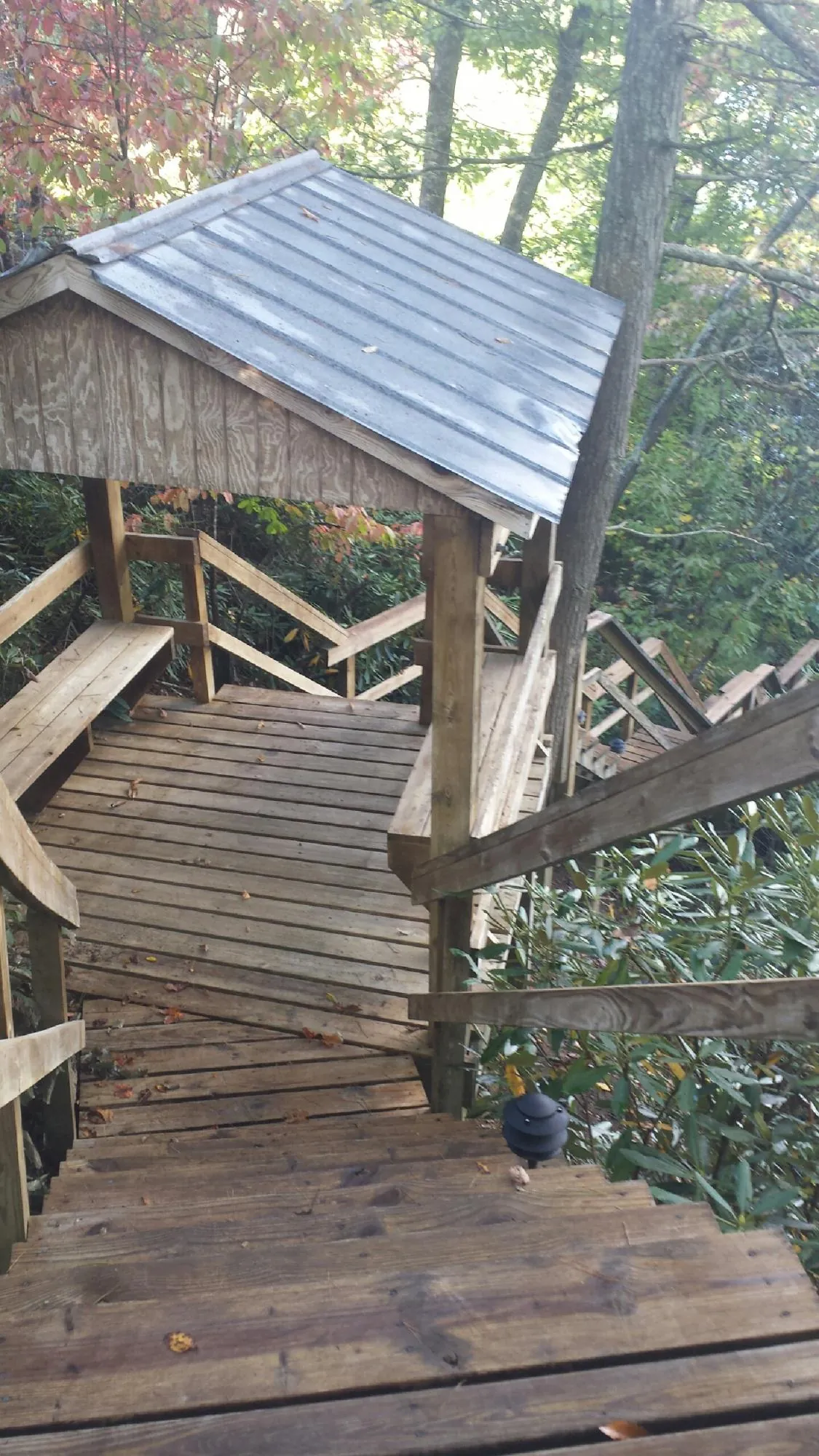 Metal roofed shelter over wooden steps on a wooded walkway — Skylight Repair & Installation work by our crew in Lonsdale